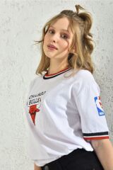 Kadın Beyaz Kol Detay Baskılı T-shirt