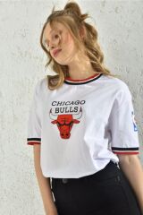 Kadın Beyaz Kol Detay Baskılı T-shirt