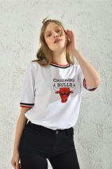 Kadın Beyaz Kol Detay Baskılı T-shirt