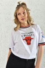 Kadın Beyaz Kol Detay Baskılı T-shirt Beyaz - XL