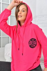 Kadın Newyork Baskılı Cepli Sweatshirt Fuşya - 40