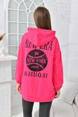 Kadın Newyork Baskılı Cepli Sweatshirt Fuşya - 40
