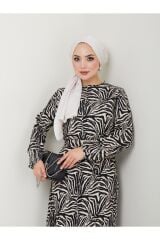 Kadın Etnik Desenli Kuşaklı Tesettür Elbise Siyah - M