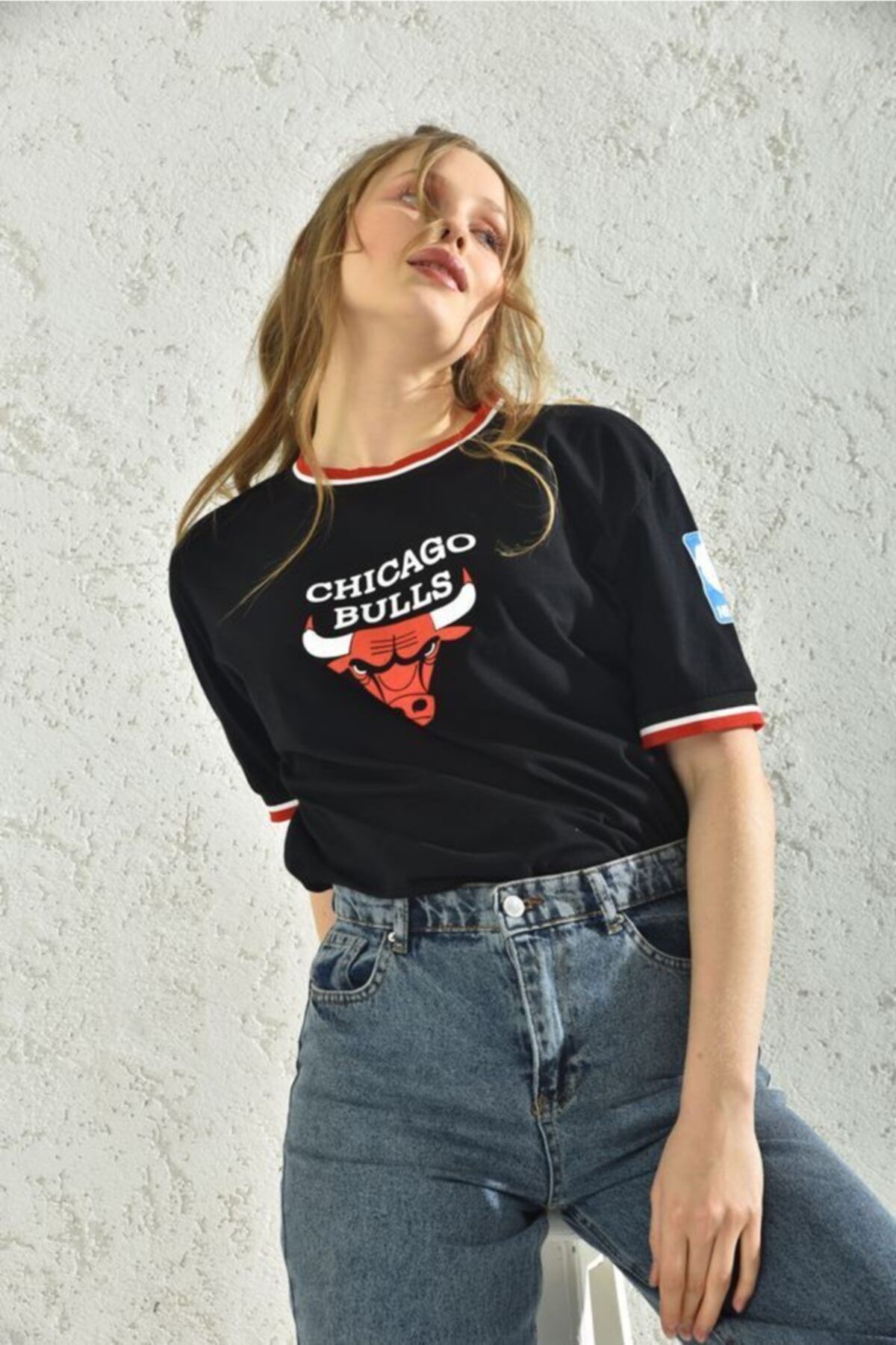 Kadın Beyaz Kol Detay Baskılı T-shirt Siyah - XL