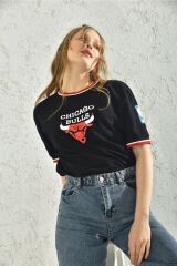 Kadın Beyaz Kol Detay Baskılı T-shirt Siyah - XL