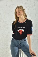 Kadın Beyaz Kol Detay Baskılı T-shirt Siyah - XL