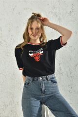 Kadın Beyaz Kol Detay Baskılı T-shirt Siyah - XL