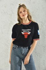 Kadın Beyaz Kol Detay Baskılı T-shirt Siyah - XL