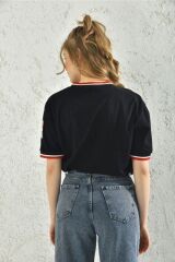 Kadın Beyaz Kol Detay Baskılı T-shirt Siyah - XL