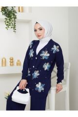 Kadın Çiçek Nakışlı Triko İkili Takım Lacivert - Tek Ebat
