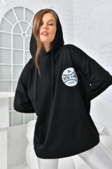 Kadın Newyork Baskılı Cepli Sweatshirt Siyah - XL