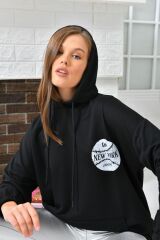 Kadın Newyork Baskılı Cepli Sweatshirt Siyah - XL