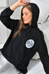 Kadın Newyork Baskılı Cepli Sweatshirt Siyah - XL