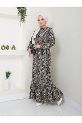 Kadın Etnik Desenli Kuşaklı Tesettür Elbise Siyah - 2XL
