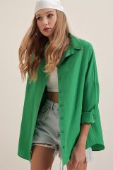 Oversize Uzun Basic Gömlek Yeşil - L