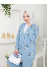 Kadın Çiçek Nakışlı Triko İkili Takım Mavi - Tek Ebat