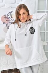 Kadın Newyork Baskılı Cepli Sweatshirt Beyaz - XL
