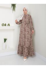 Kadın Etnik Desenli Kuşaklı Tesettür Elbise Kahverengi - 2XL