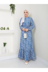 Kadın Etnik Desenli Kuşaklı Tesettür Elbise Mavi - 2XL