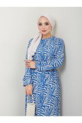 Kadın Etnik Desenli Kuşaklı Tesettür Elbise Mavi - S