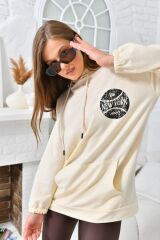 Kadın Newyork Baskılı Cepli Sweatshirt Bej - M