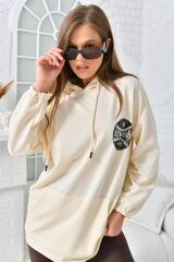 Kadın Newyork Baskılı Cepli Sweatshirt Bej - M