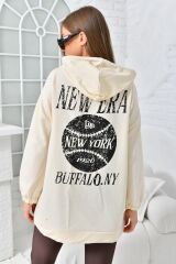 Kadın Newyork Baskılı Cepli Sweatshirt Bej - M