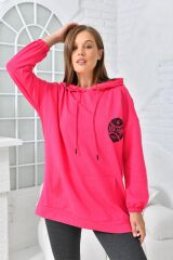 Kadın Newyork Baskılı Cepli Sweatshirt Fuşya - M