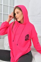 Kadın Newyork Baskılı Cepli Sweatshirt Fuşya - M