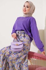 Kadın Çiçek Desenli Etekli İkili Takım Mor - XL