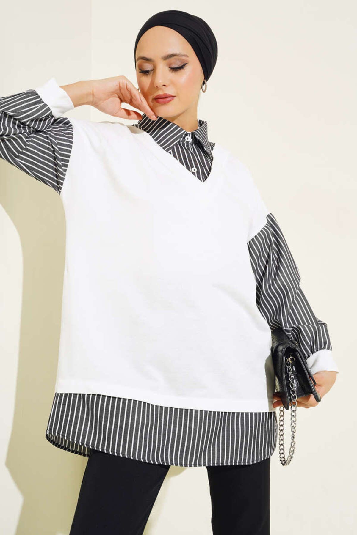 Kadın Çizgili Gömlek Garnili Tunik Siyah - 2XL