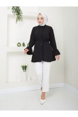 Kadın Kolu Piliseli Gömlek Yaka Tesettür Tunik Siyah - XL