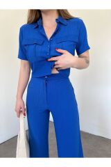 Kadın Düğme Detaylı Kapaklı Pantolonlu Takım Lacivert - XL