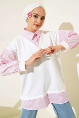 Kadın Çizgili Gömlek Garnili Tunik Pembe - 2XL