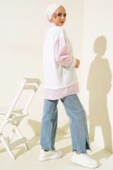 Kadın Çizgili Gömlek Garnili Tunik Pembe - 2XL