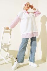 Kadın Çizgili Gömlek Garnili Tunik Pembe - 2XL