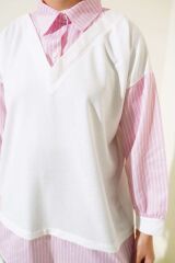 Kadın Çizgili Gömlek Garnili Tunik Pembe - 2XL