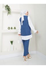Kadın Keten Kumaş Yandan Bağlamalı Gömlekli Taş İşlemeli 3lü Takım Mavi - XL