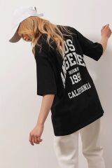 Unisex Bisiklet Yaka Baskılı Oversize T-shirt Siyah - XL