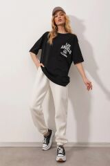 Unisex Bisiklet Yaka Baskılı Oversize T-shirt Siyah - XL