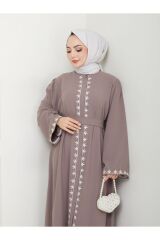 Kadın Nakışlı Abaya Ferace Elbise VİZON - 40