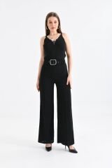Kadın Bol Paça Kemer Detaylı Kumaş Pantolon Siyah - XS