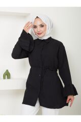 Kadın Kolu Piliseli Gömlek Yaka Tesettür Tunik Siyah - 2XL