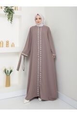 Kadın Nakışlı Abaya Ferace Elbise VİZON - 46