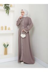 Kadın Nakışlı Abaya Ferace Elbise VİZON - 38