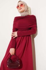 Kadın Çıkarılabilir Büzgü Detaylı Garnili Elbise Bordo - 2XL