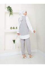 Kadın Keten Kumaş Yandan Bağlamalı Gömlekli Taş İşlemeli 3lü Takım Gri - XL