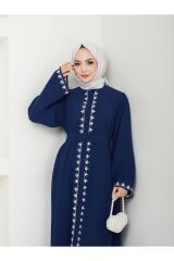 Kadın Nakışlı Abaya Ferace Elbise Lacivert - 44
