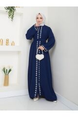 Kadın Nakışlı Abaya Ferace Elbise Lacivert - 44