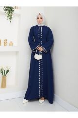 Kadın Nakışlı Abaya Ferace Elbise Lacivert - 44